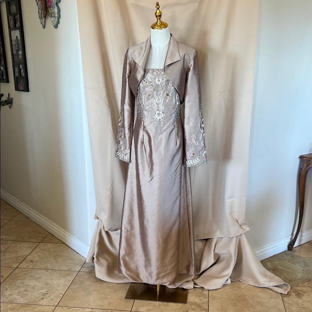 Embellished Taupe Satin Evening Gown with Jacket